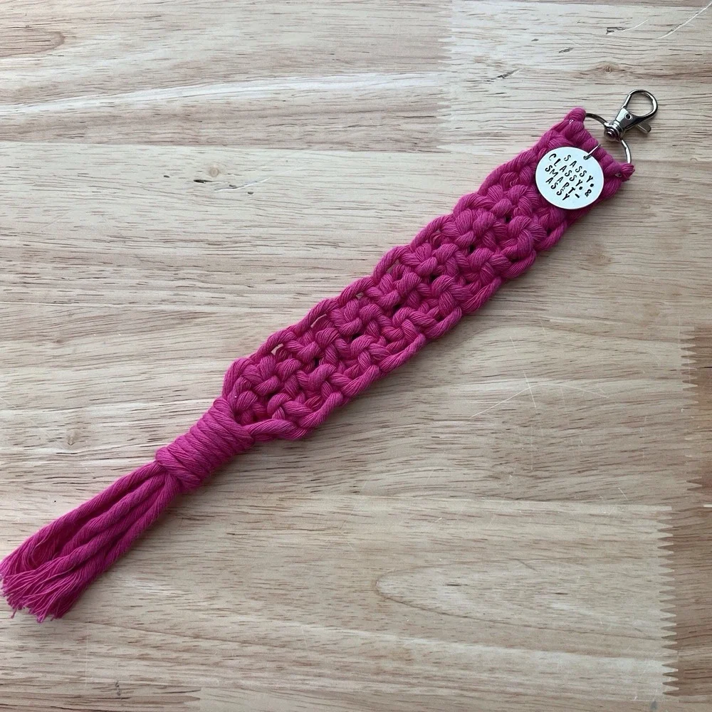 Handmade Pink Boho Macrame Keychain With Charm‎ And Lobster Clasp